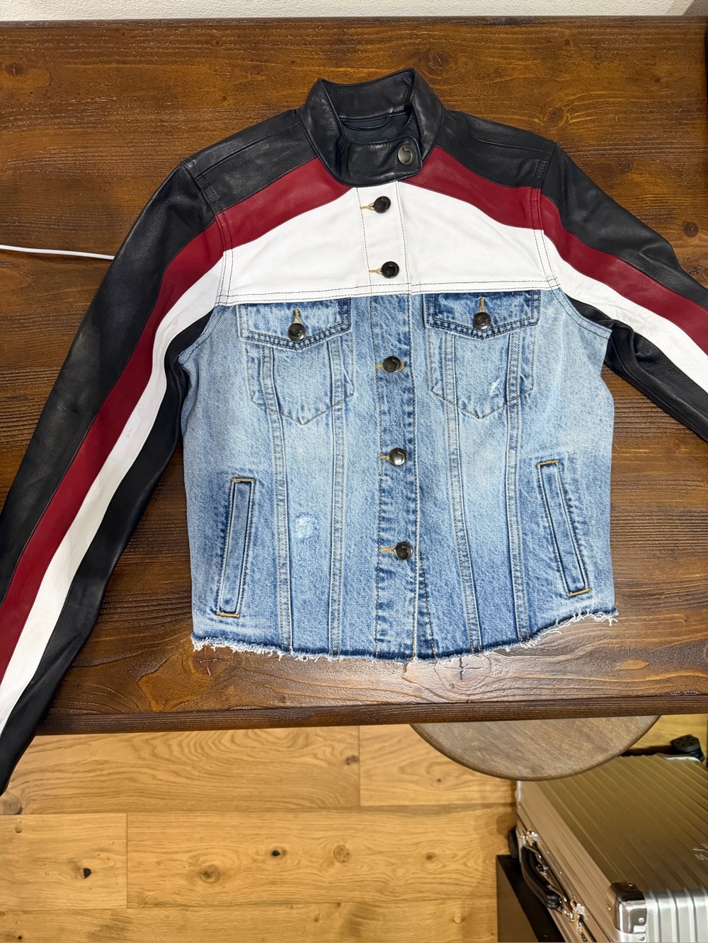 Joe's Jeans Red White Black Colorblock Denim & Leather Jacket